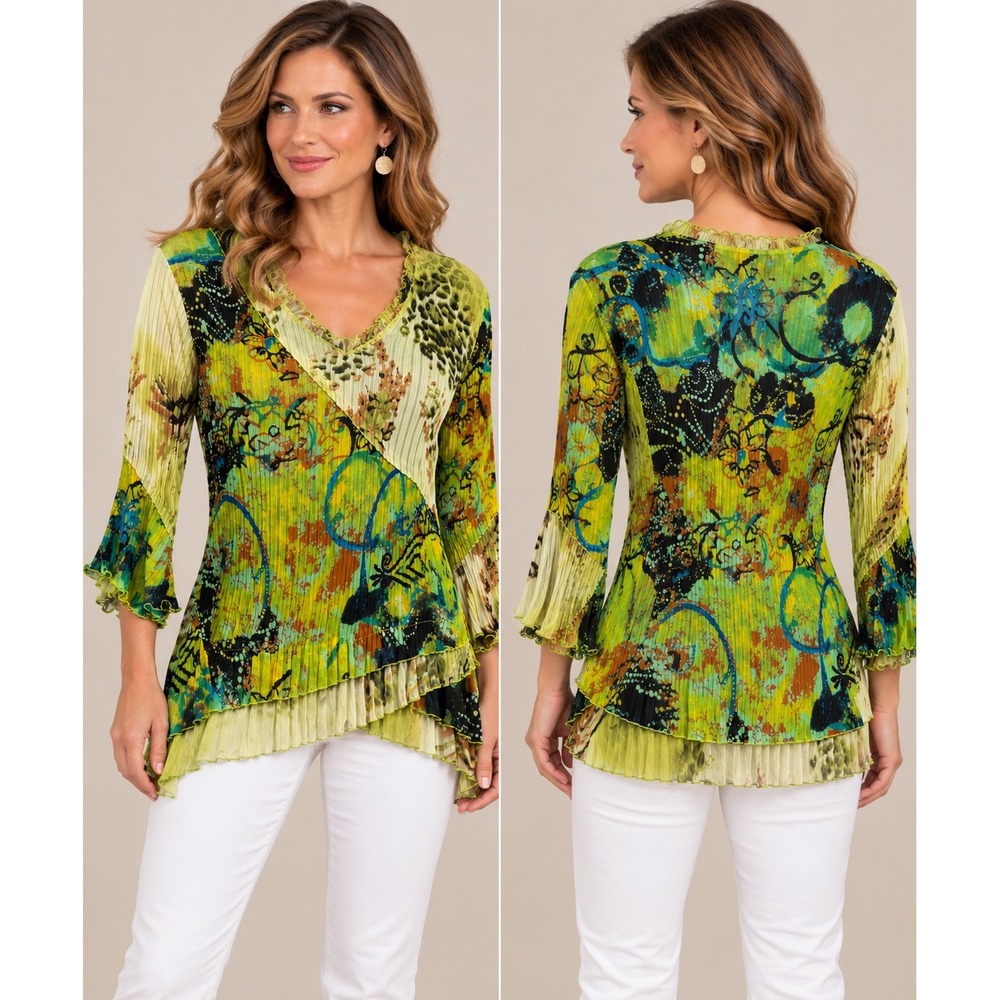 Lindi Tunic Women Small Lime Green Mixed Print Pleated Asymmetrical Art to Wear